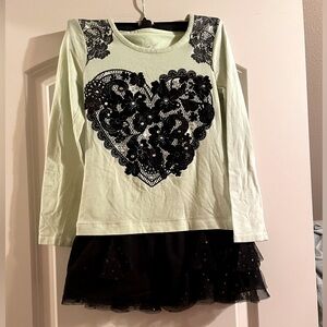 🌻 JUSTICE Girls frilly T-shirt dress long sleeves Green & black SZ 6 lace Heart